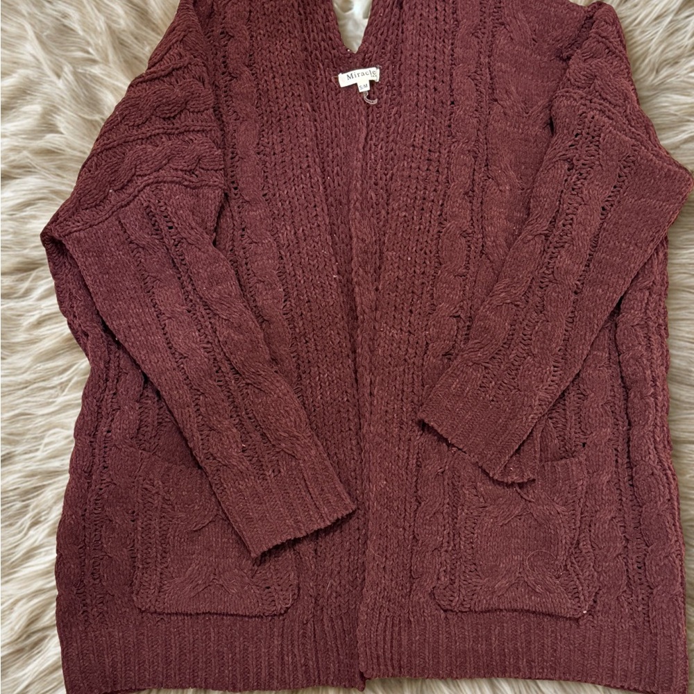Miracle Women's Cable Knit Cardigan - Burgundy